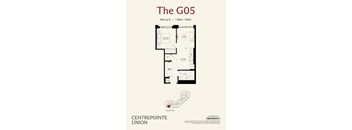 A floor plan for a 550 square foot apartment with one bed and one bath.
