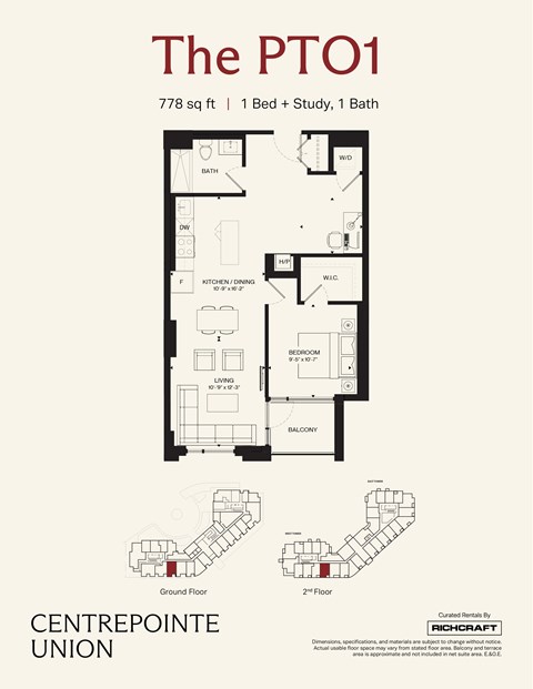 A floor plan for a 778 square foot apartment with one bed and two baths.
