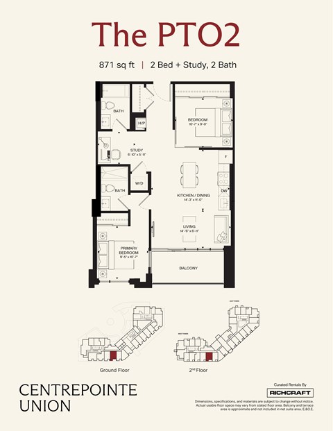 A floor plan for a 2 Bed 2 Bath apartment at The PTO2.
