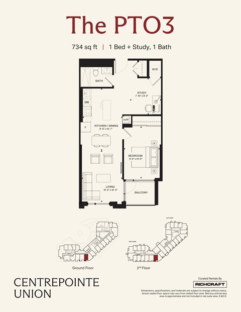 A floor plan for a 734 square foot home with one bed, one study, and one bath.