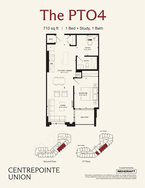 A floor plan for a 710 sq ft apartment with 1 bed and study and 1 bath.
