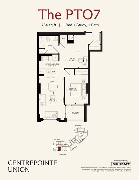 A floor plan for a property called The PTO7 shows a 2nd floor with a study, bathroom, bedroom, living room, and dining room.