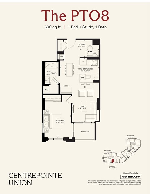 A floor plan for a 690 square foot home with one bedroom, one study, and one bath.
