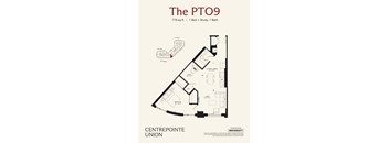 A floor plan for a property called The PTO9, which is 778 square feet, includes one bed, one study, and one bath.