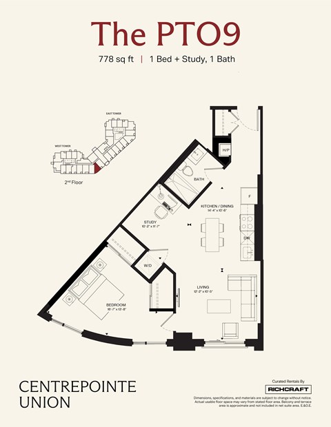 A floor plan for a property called The PTO9, which is 778 square feet, includes one bed, one study, and one bath.