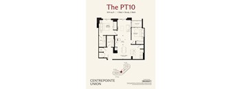 A floor plan for a property called The PT10, which is 924 square feet, has 2 bedrooms, 2 bathrooms, and a study.