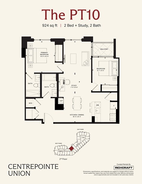 A floor plan for a property called The PT10, which is 924 square feet, has 2 bedrooms, 2 bathrooms, and a study.