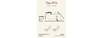 A floor plan for a property called The PT11, which is 815 square feet with 1 bed and 1 bath.