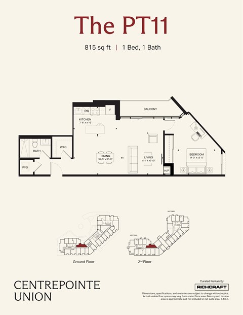 A floor plan for a property called The PT11, which is 815 square feet with 1 bed and 1 bath.