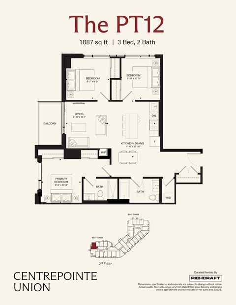 A floor plan for a 1087 square foot home with 3 bedrooms and 2 baths.
