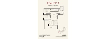 A floor plan for a 1069 sq ft apartment with 2 bedrooms and 2 bathrooms.