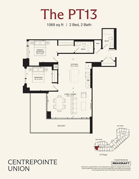 A floor plan for a 1069 sq ft apartment with 2 bedrooms and 2 bathrooms.