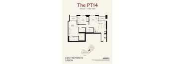A floor plan for a property called The PT14, which is 979 square feet, has 2 bedrooms and 2 bathrooms.