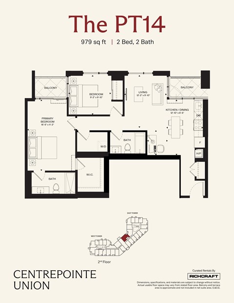 A floor plan for a property called The PT14, which is 979 square feet, has 2 bedrooms and 2 bathrooms.