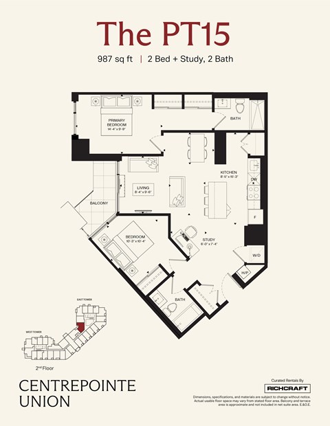 A floor plan for a 2 Bed 2 Bath apartment.