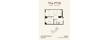 A floor plan for a 822 square foot apartment with one bed and one bath.