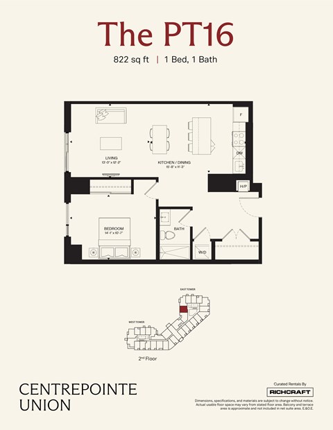 A floor plan for a 822 square foot apartment with one bed and one bath.