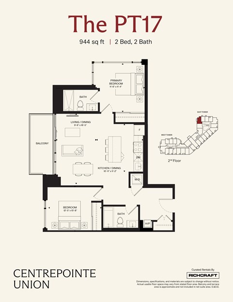A floor plan for a 2 Bedroom, 2 Bathroom apartment at The PT17.