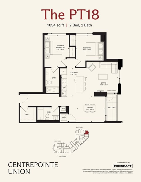 A floor plan for a 2 Bedroom, 2 Bathroom apartment at The PT18.
