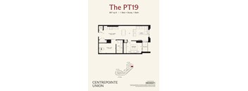 A floor plan for a property called The PT19 shows a 1 Bed + Study, 1 Bath layout.