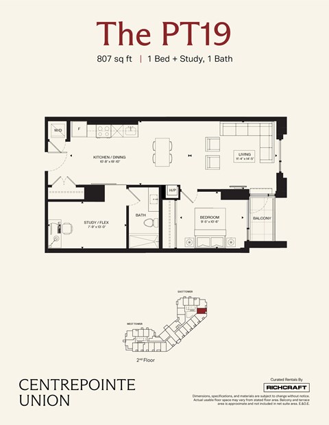 A floor plan for a property called The PT19 shows a 1 Bed + Study, 1 Bath layout.