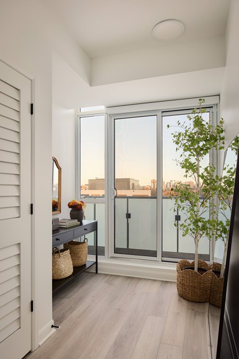 A room with a sliding glass door leading to a balcony with a tree in a pot.