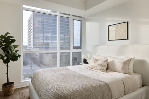 A bedroom with a large bed and a potted plant.