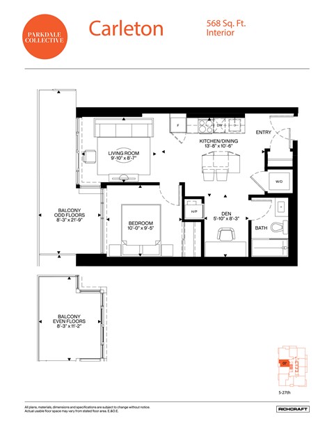 A floor plan for a Parkdale Collective interior at 568 Sq. Ft.