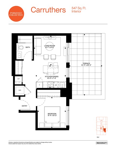 A floor plan for a 547 square foot interior.