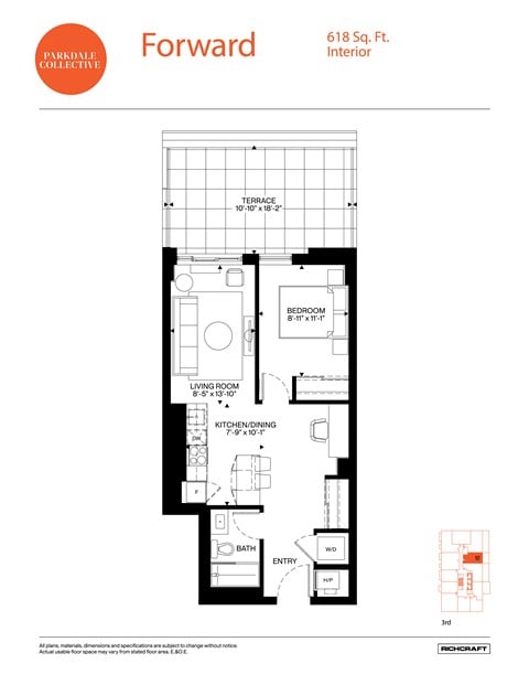 A floor plan for a Parkdale Collective interior at 618 Sq. Ft.