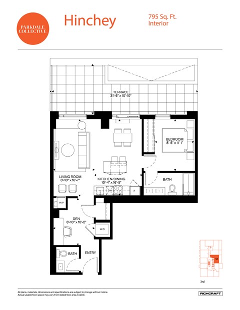 A floor plan for a 795 square foot interior.