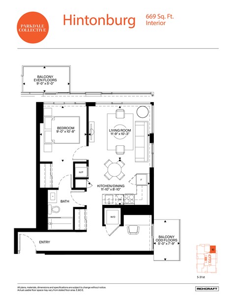 A floor plan for a residence at 669 Sq. Ft. Interior.