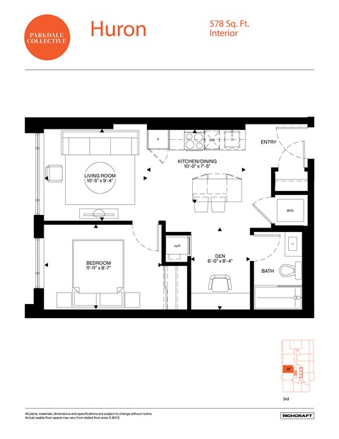 A floor plan for a Huron apartment shows a living room, a bedroom, a bathroom, a kitchen/dining area, and an entry.