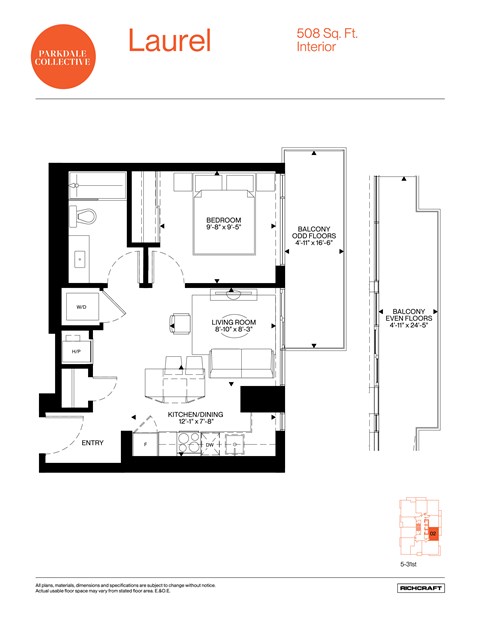 A floor plan for a Laurel apartment shows a bedroom, living room, kitchen, and bathroom.