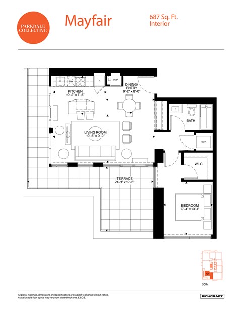 A floor plan for a Mayfair apartment shows a living room, a dining room, a kitchen, a bath, a terrace, and a bedroom.