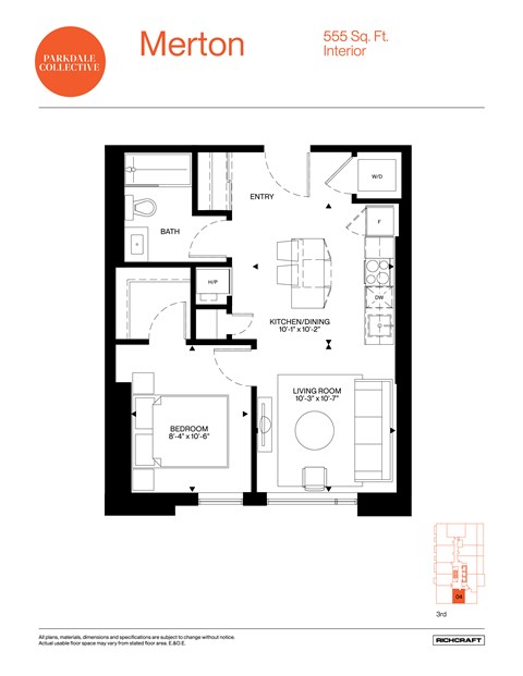 A floor plan for a 555 sq. ft interior.