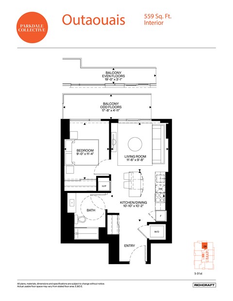 A floor plan for a 559 square foot interior.