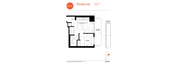A floor plan for a Pinehurst apartment shows a kitchen, living room, and bedroom.