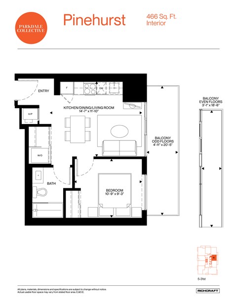 A floor plan for a Pinehurst apartment shows a kitchen, living room, and bedroom.