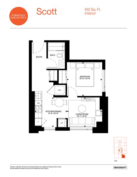 A floor plan for a 512 square foot interior.