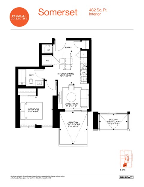 A floor plan for a property located at 482 Sq. Ft. Interior.
