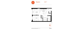 A floor plan for a Huron apartment shows a living room, a bedroom, a bathroom, a kitchen/dining area, and an entryway.