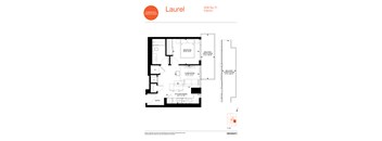 A floor plan for a Laurel apartment shows a bedroom, living room, kitchen, and bathroom.