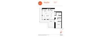 A floor plan for a Mayfair apartment shows a living room, a dining room, a kitchen, a bath, a bedroom, and a terrace.