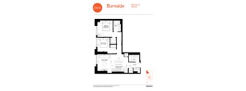 A floor plan for a Burnside apartment shows a living area, a kitchen, a bathroom, and a bedroom.