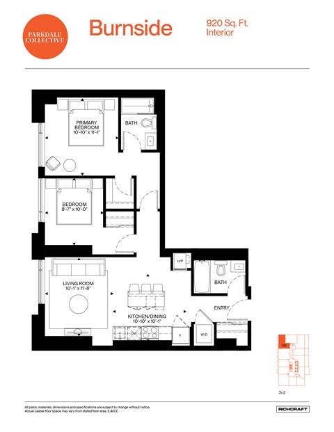 A floor plan for a Burnside apartment shows a living area, a kitchen, a bathroom, and a bedroom.