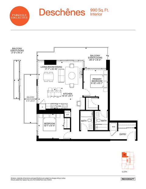 A floor plan for a Parkdale Collective interior at 990 Sq. Ft.