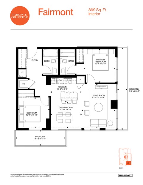 A floor plan for a property located at 869 Sq. Ft. Interior.