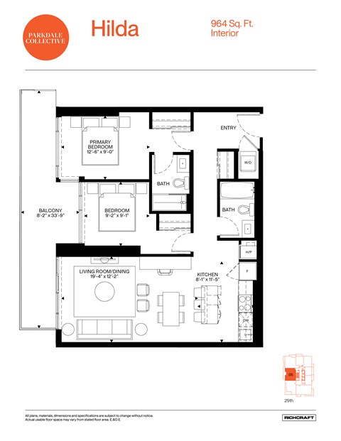 A floor plan for a Hilda interior at 964 Sq. Ft.