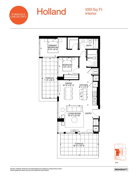Floor plan for a 1051 square foot interior.